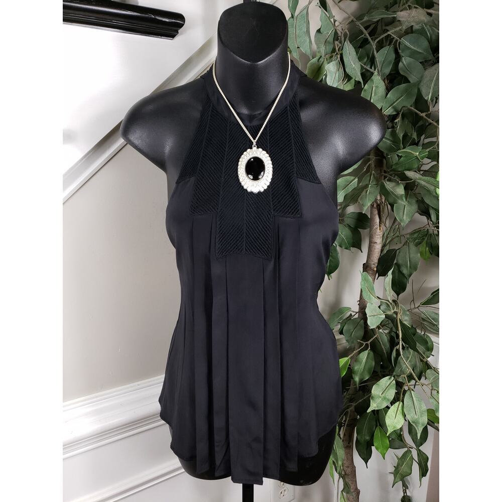 Women Bebe Halter Top Women XS Black Silk Spandex Pleated Back Zip Outdoor